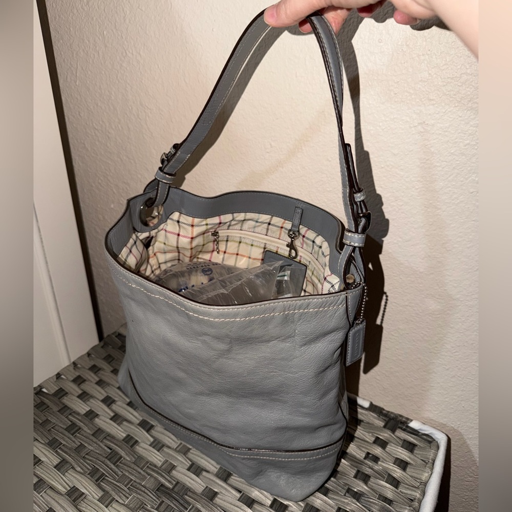 Coach Gray Leatherware Shoulder Bag Bucket Hobo Tattersall Plaid lining Z17197 - Picture 16 of 16